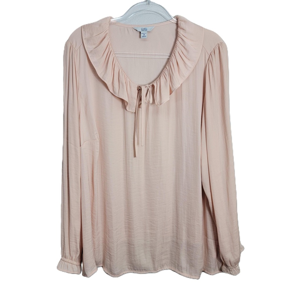 Croft & Barrow Womens 2X Pink Ruffle Collar Tie Neck Long Sleeve Blouse